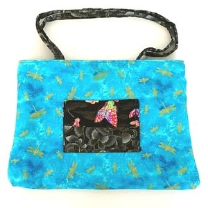 Handcrafted Quilted Blue and Black Butterflies and Dragonflies Shoulder Bag